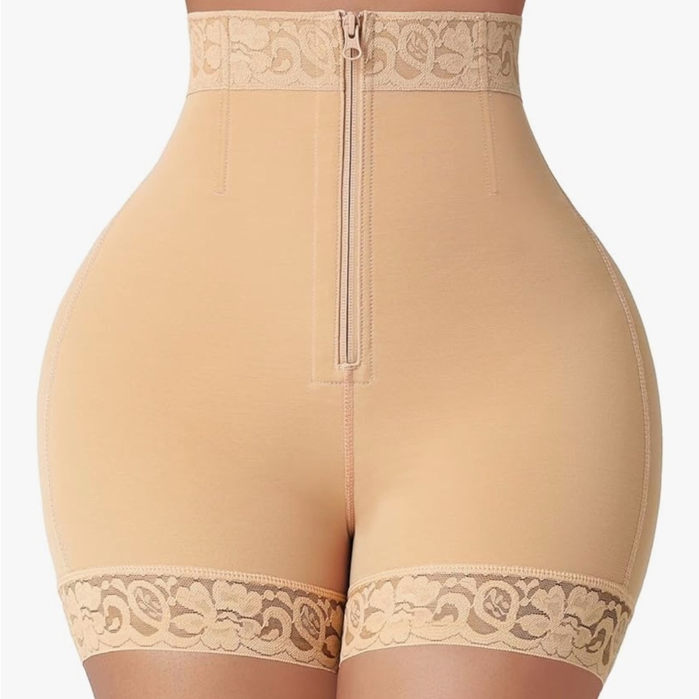 High-Waisted Lace Trim Shapewear Shorts - Tan